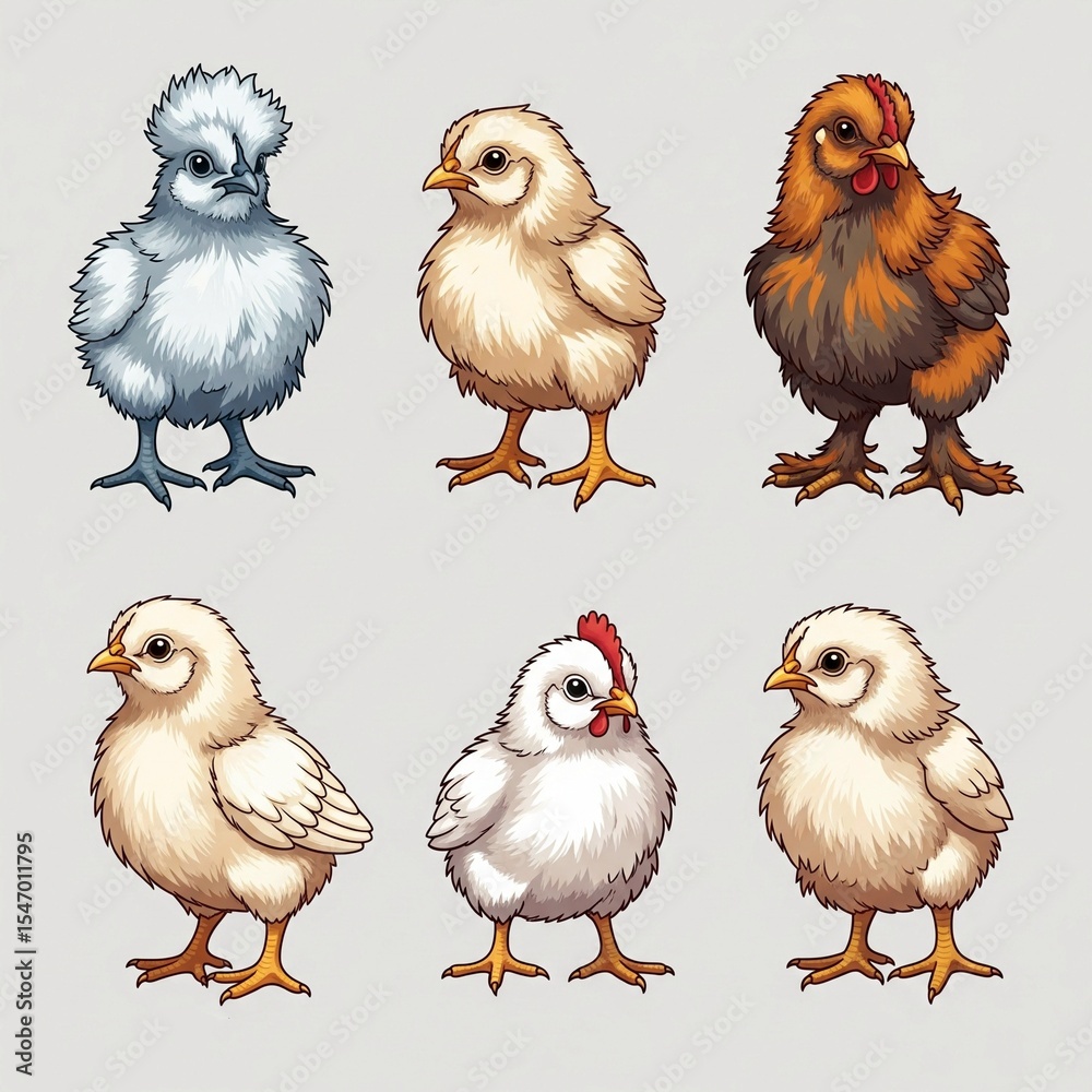Fototapeta premium Vector Set of 6 Baby Chickens – Silkie, Polish, Brahma, Ayam Kampung, Leghorn, Sussex (Cute & Educational)