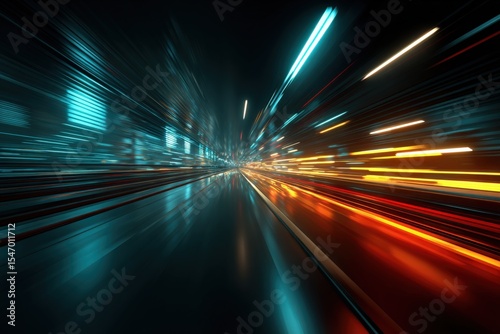 Long Exposure Night Road Blur with Colorful Light Trails, Illusion of Speed and Motion in Urban Environment at Night