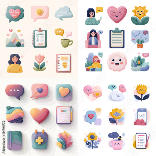 Colorful self-care and mental wellness icon set featuring hearts, journals, chat bubbles, flowers, emotions, and mindfulness symbols in soft pastel style for digital content and apps.