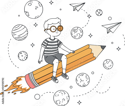 Boy riding giant pencil rocket with planets stars and paper planes vector illustration 