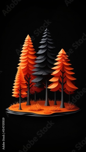 3d illustration of three stylized paper trees on a small island against a black background