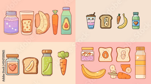Cute cartoon breakfast and smoothie ingredients including bread, bananas, carrots, jars, and juice. Perfect for healthy food icons, kids' menus, and wellness-themed designs.