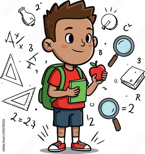 Curious schoolboy holding apple and book with educational symbols vector illustration 