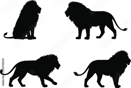 Lion silhouettes, wild animals, majestic posture, walking lion, sitting lion, black illustration, African wildlife, nature art, powerful animal figure, isolated design