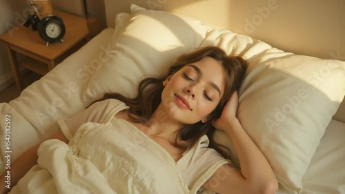 Sleeping Woman Resting Peacefully in Bed with Sunlight