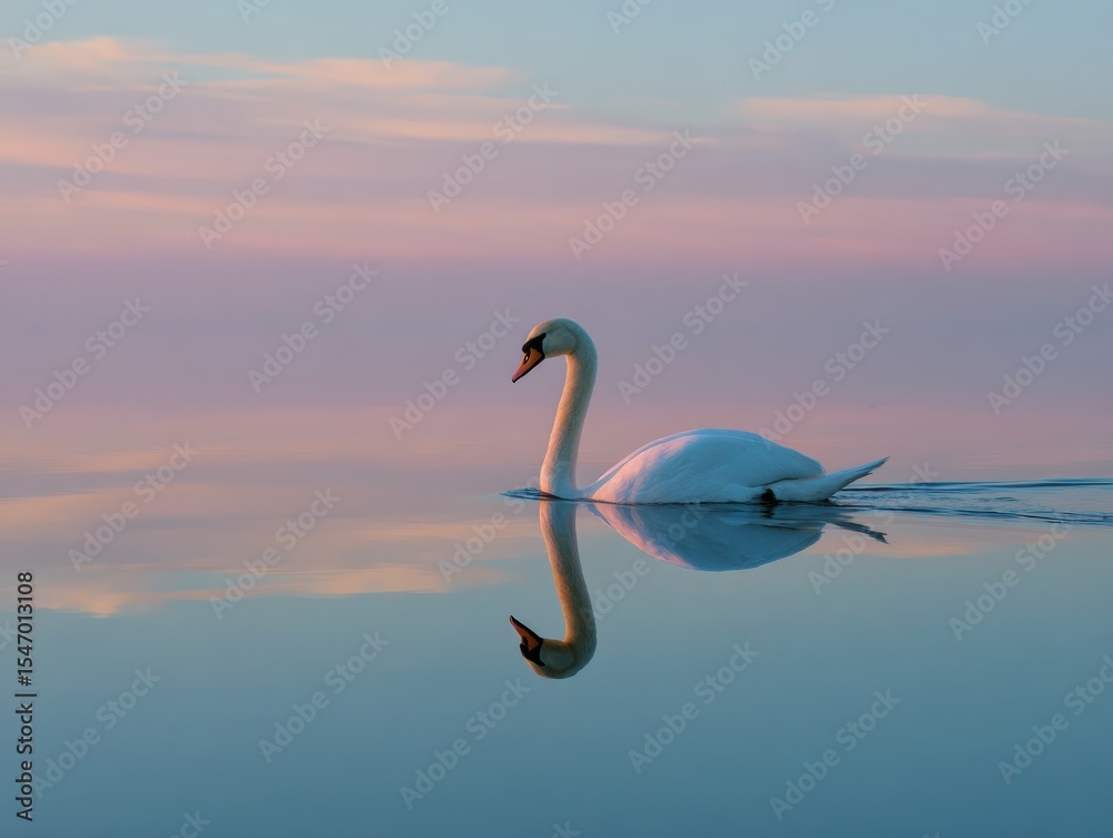 Fototapeta premium Serene white swan gracefully swimming on calm reflective water du sunset with colorful sky in the background