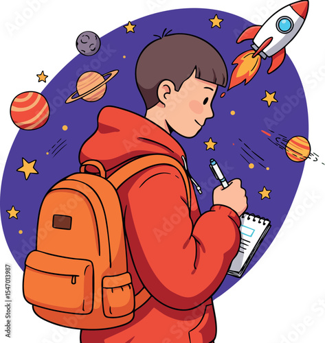 Boy with orange backpack writing in notebook surrounded by space planets and rocket vector illustration 