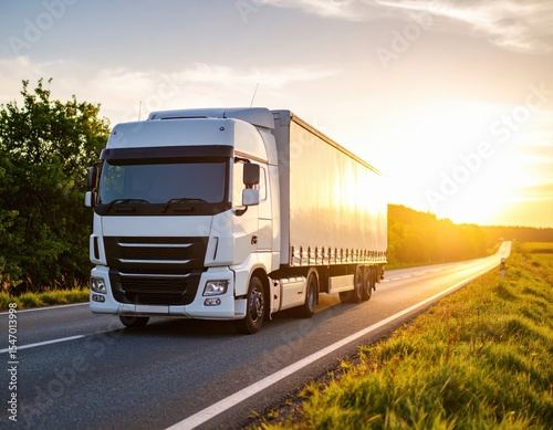 White semi-truck driving on a rural road at sunset