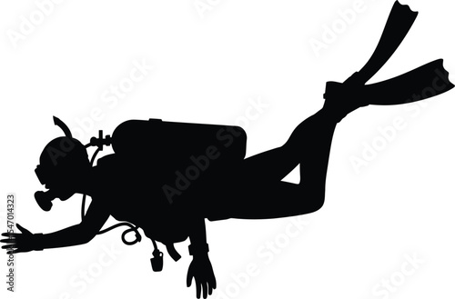 Silhouette of Scuba Diver Swimming Underwater with Gear Isolated on White Background Illustration

