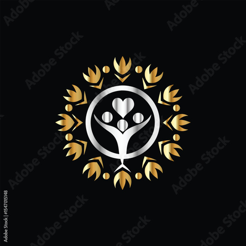 Hands holding heart and flower vector logo design template. Charity and donation symbol.