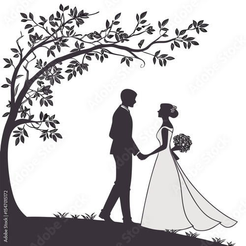 Bride and groom silhouette vector illustration showing wedding couple in love and celebration