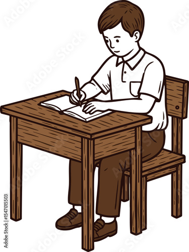 Boy sitting at wooden desk writing in notebook vector illustration study scene 