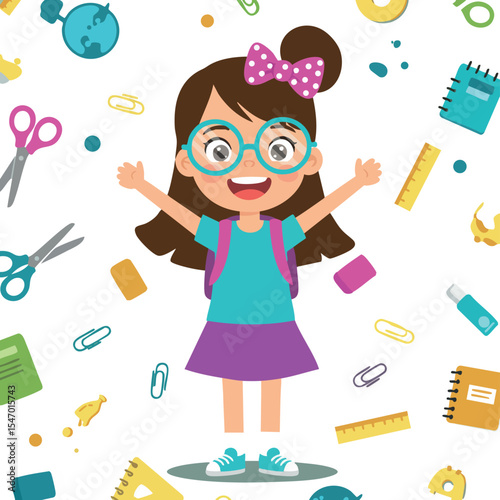 Happy schoolgirl with glasses and bow surrounded by colorful school supplies vector illustration 