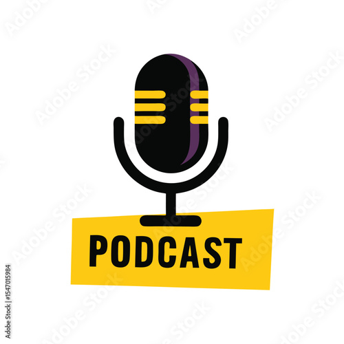 Professional vector illustration of a modern podcast microphone logo in bold yellow and black colors