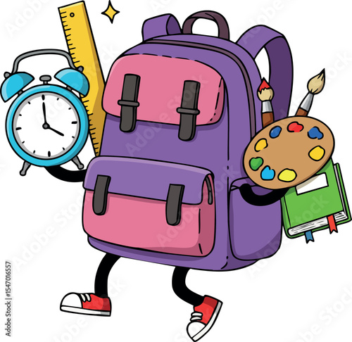 Animated purple school backpack holding clock ruler palette and book vector illustration 