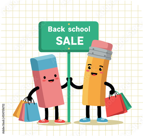 Back to school sale happy pencil and eraser holding shopping bags and signboard vector illustration 