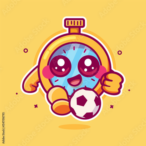 happy stopwatch character mascot playing football isolated cartoon