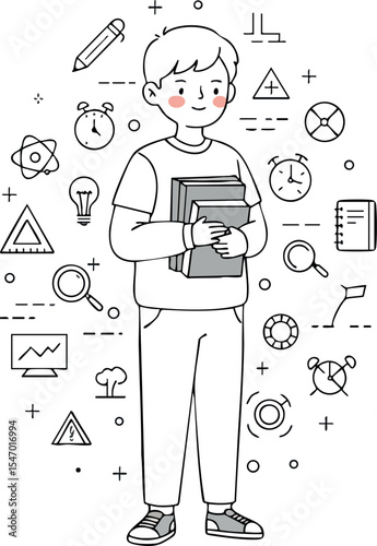 Student holding books surrounded by education and science icons vector illustration 