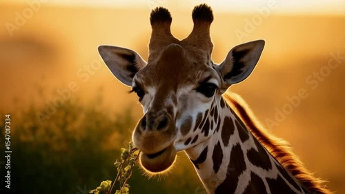 A giraffe eating leaves in a golden sunset light with its head and neck in focus close up video