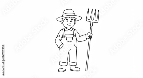 Happy farmer proudly holds pitchfork simple line art illustration. AI Generated