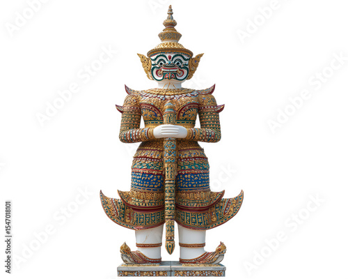Traditional Thai giant statue with intricate gold and colorful patterns holding staff, isolated on transparency background, showcasing cultural artistry and detailed craftsmanship