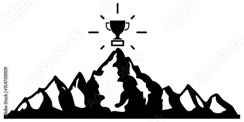 Trophy in top of mountain victory concept vector, symbolizing ultimate achievement and conquering challenges. Ideal for success stories, personal triumph, business goals, or peak performance.