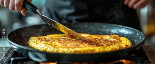 Close-up view of omelette preparation in frying pan over gas stove in kitchen