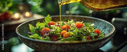 Pouring olive oil over a fresh salad with cherry tomatoes and green herbs inside bowl