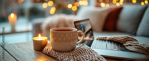 Cozy home office setup with laptop, tea, and candles creating warm atmosphere