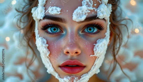 dreamlike eye level view from a young womans perspective, face dewy and glowing with remnant foam from a cosmetic bubble mask, the remnants transitioning into surreal clouds
