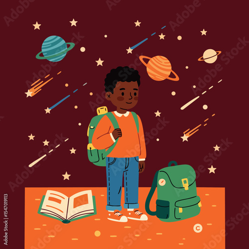 Child with backpack exploring outer space planets stars and comets illustration vector 
