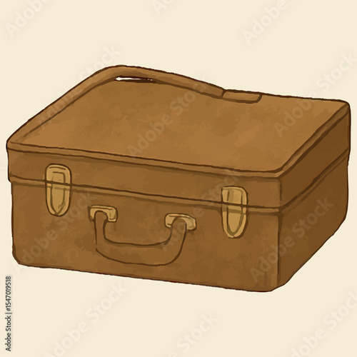 A rustic watercolor illustration of a vintage suitcase with leather texture and straps, depicted in warm sepia tones, hinting at travel adventures of the past