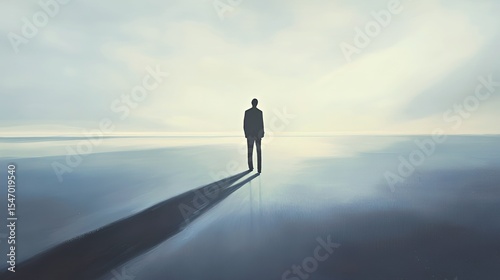 A silhouetted figure stands alone on a serene, misty landscape.