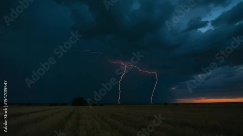 Lightning Strikes Field Dramatic Sky Weather Event