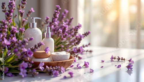wellness radiates from a hyperrealistic, extreme close up perspective – a hidden observers shimmering gaze, the subject, situated on the left amidst an array of lavender products