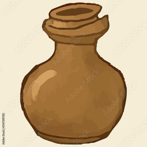 A rustic watercolor illustration of a vintage clay jar with a textured finish and cork lid, painted in warm sepia tones, evoking the simplicity and charm of ancient storage traditions