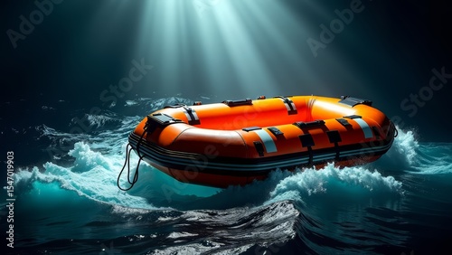 Orange life raft floating in ocean waves