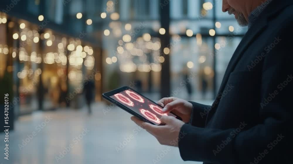 Man using tablet with red digital interface in city at night