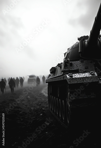 Fog of War: Tank and Soldiers in a Misty Battlefield