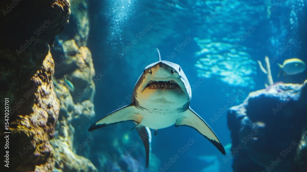 Fototapeta premium Shark facing the tank wall, metaphor of blocked path or mental limitation generative ai