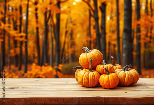 Autumn Harvest Pumpkins on Wooden Table in Forest