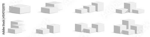 Set White cube block podium stage pedestal and platform vector, a minimalist display element. Ideal for product showcases, presentations, awards, exhibitions, and modern design.