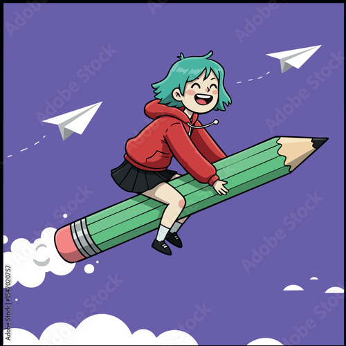 Girl riding green pencil flying with paper planes creative imagination concept vector illustration 