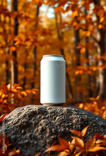 Contemporary Beverage Can Mockup in a Rustic Autumn Forest Setting