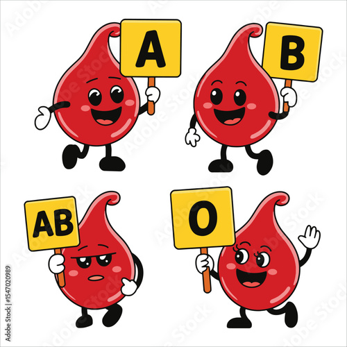 Smiling blood drop character vector. Happy hemoglobin illustration for donation and medical themes.
