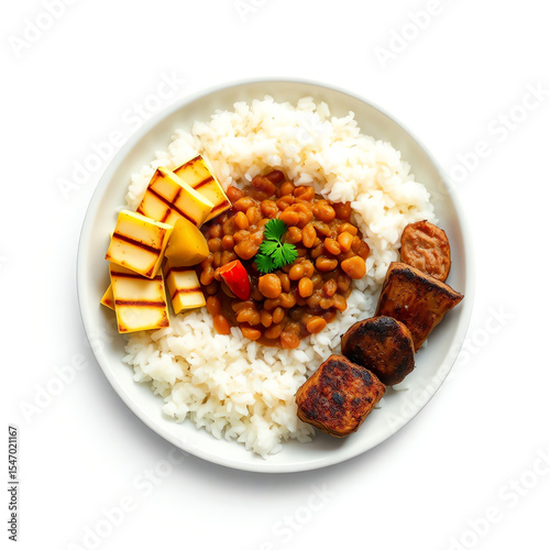 Delicious Plate of Rice with Beans, Grilled Cheese, and Meat