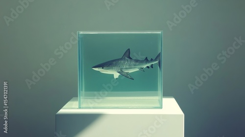 Shark in a perfectly clean square tank on a white table, a metaphor for organized stagnation generative ai
