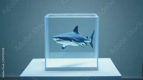 Shark in a perfectly clean square tank on a white table, a metaphor for organized stagnation generative ai