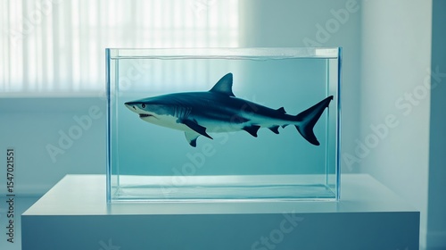 Shark in a perfectly clean square tank on a white table, a metaphor for organized stagnation generative ai