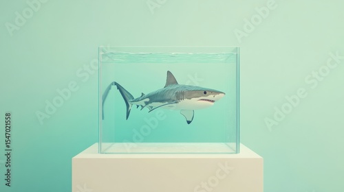 Shark in a perfectly clean square tank on a white table, a metaphor for organized stagnation generative ai